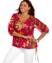 Celebrate tropical style with Calvin Klein's three-quarter sleeve plus size peasant top, boasting a Brasil-inspired print! Celebrate tropical style with Calvin Klein's three-quarter sleeve plus size peasant top, boasting a Brasil-inspired print!