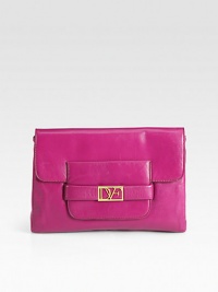 A chic clutch in rich, supple leather with stunning goldtone hardware and the signature DVF logo.Detachable shoulder strap, 23 dropMagnetic flap closureOne outer zip compartmentTwo open and one zip inner compartmentsFully lined12W X 8½H X 2DImported A chic clutch in rich, supple leather with stunning goldtone hardware and the signature DVF logo.Detachable shoulder strap, 23 dropMagnetic flap closureOne outer zip compartmentTwo open and one zip inner compartmentsFully lined12W X 8½H X 2DImported