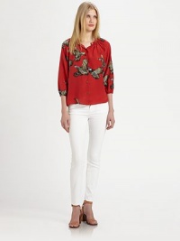 A playful print flocks this airy blouson silhouette crafted from woven silk georgette.Shirred jewelneckButton-down frontGathered sleevesGathered backAbout 23 from shoulder to hemSilkDry cleanMade in USA of imported fabricModel shown is 5'10 (177cm) wearing US size Small. A playful print flocks this airy blouson silhouette crafted from woven silk georgette.Shirred jewelneckButton-down frontGathered sleevesGathered backAbout 23 from shoulder to hemSilkDry cleanMade in USA of imported fabricModel shown is 5'10 (177cm) wearing US size Small.