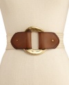 A hammered plaque closure adds textured intrigue to this straw belt from Steve Madden.