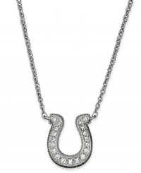 Your lucky charm. Eliot Danori's pendant necklace combines shimmering sparkling crystals and a horseshoe design. Set in rhodium-plated mixed metal. Approximate length: 16 inches + 2-inch extender. Approximate drop: 1/2 inch. Your lucky charm. Eliot Danori's pendant necklace combines shimmering sparkling crystals and a horseshoe design. Set in rhodium-plated mixed metal. Approximate length: 16 inches + 2-inch extender. Approximate drop: 1/2 inch.