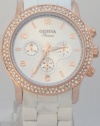 Geneva Quartz Chronograph Look Rose Gold N White ceramic-style With Rhinestones