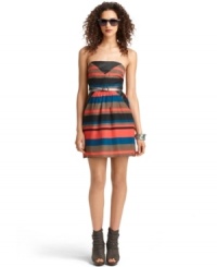 Bright colorblocked stripes and faux-leather insets add a high-impact look to this Bar III dress -- perfect for standout fall style! Bright colorblocked stripes and faux-leather insets add a high-impact look to this Bar III dress -- perfect for standout fall style!