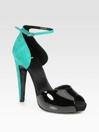 Suede d'Orsay pump has an adjustable ankle strap and a contrasting patent leather front for a colorblock effect. Self-covered heel, 5 (125mm)Covered platform, 1 (25mm)Compares to a 4 heel (100mm)Suede and patent leather upperPeep toeLeather lining and solePadded insoleMade in ItalyOUR FIT MODEL RECOMMENDS ordering one size up as this style runs small. Suede d'Orsay pump has an adjustable ankle strap and a contrasting patent leather front for a colorblock effect. Self-covered heel, 5 (125mm)Covered platform, 1 (25mm)Compares to a 4 heel (100mm)Suede and patent leather upperPeep toeLeather lining and solePadded insoleMade in ItalyOUR FIT MODEL RECOMMENDS ordering one size up as this style runs small.
