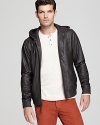 Vince pulls the string with a clever and cool leather hoodie for an ultra-hip, sporty design that meshes with your laid-back attitude and downtown style.
