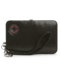 This tech-savy design was created for the girl-on-the-go. This Kenneth Cole Reaction design features an all-over snake skin print, interior card compartments and a corner cut-out that easily allows you to listen to headphones. This tech-savy design was created for the girl-on-the-go. This Kenneth Cole Reaction design features an all-over snake skin print, interior card compartments and a corner cut-out that easily allows you to listen to headphones.
