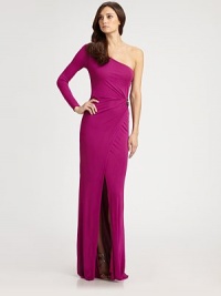 This fluid, floor-length design features an artfully wrapped front accented with an elegant metal detail.Asymmetrical necklineSingle long sleeveFaux wrap front with metal detailFront slitConcealed side zipAbout 52 from natural waistViscoseDry cleanMade in ItalyModel shown is 5'10 (177cm) wearing US size 4. This fluid, floor-length design features an artfully wrapped front accented with an elegant metal detail.Asymmetrical necklineSingle long sleeveFaux wrap front with metal detailFront slitConcealed side zipAbout 52 from natural waistViscoseDry cleanMade in ItalyModel shown is 5'10 (177cm) wearing US size 4.