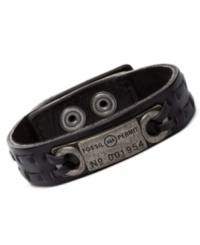 Make a fierce fashion statement with this black leather bracelet from Fossil. Silver-tone mixed metal details enhance the appeal. Adjusts to fit wrist. Approximate length: 7-7-3/4 inches. Make a fierce fashion statement with this black leather bracelet from Fossil. Silver-tone mixed metal details enhance the appeal. Adjusts to fit wrist. Approximate length: 7-7-3/4 inches.