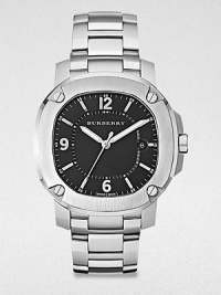An classic timepiece with a brushed, stainless steel case and link bracelet. Quartz movementWater resistant to 5 ATMOctagonal stainless steel case, 38mm (1.5) Screw accented bezelBlack dialBar and numeric hour markersDate display at 3 o'clockSecond hand Stainless steel link braceletMade in Switzerland An classic timepiece with a brushed, stainless steel case and link bracelet. Quartz movementWater resistant to 5 ATMOctagonal stainless steel case, 38mm (1.5) Screw accented bezelBlack dialBar and numeric hour markersDate display at 3 o'clockSecond hand Stainless steel link braceletMade in Switzerland
