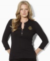 Lauren Ralph Lauren's plus size Henley silhouette rendered in soft cotton features charmeuse trim at the neckline and a beaded embroidered LRL crest for glamorous updates to a classic style.