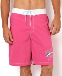 Reel in some serious beach style with these marlin graphic shorts with a bold pop of color from Nautica. Reel in some serious beach style with these marlin graphic shorts with a bold pop of color from Nautica.