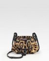 Lush leopard-print haircalf defines this demure flap silhouette finished with rich leather trim.Adjustable shoulder strap, 19½-24 drop Magnetic flap closure One outside zip pocket One inside zip pocket One inside snap pocket Two inside open pockets Three credit card slots Cotton lining 8½W X 6½H X 1½D Made in Italy