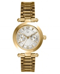 This gorgeous Gc Swiss Made Timepieces watch is sophisticated elegance; perfect for day or dress. Polished goldtone stainless steel bracelet and case. Screw-down crown with hidden butterfly closure. Textured guilloche silvertone dial with logo, goldtone stick indices and two subdials. Swiss made. Swiss movement. Water resistant to 100 meters. 10-year limited warranty. Luxury Gc gift box packaging included. This gorgeous Gc Swiss Made Timepieces watch is sophisticated elegance; perfect for day or dress. Polished goldtone stainless steel bracelet and case. Screw-down crown with hidden butterfly closure. Textured guilloche silvertone dial with logo, goldtone stick indices and two subdials. Swiss made. Swiss movement. Water resistant to 100 meters. 10-year limited warranty. Luxury Gc gift box packaging included.