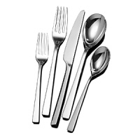 This elegant flatware set includes eight, five-piece place settings plus one cold meat fork and one tablespoon.