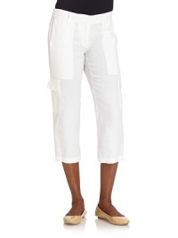 THE LOOKBanded waist with belt loopsFront zip with double hook closureSide pocketsCargo pocketsSeam detailsBack dartsBack besom pocketTHE FITRise, about 9Inseam, about 22THE MATERIALOrganic linenCARE & ORIGINMachine washImportedModel shown is 5'9½ (176cm) wearing US size 4. THE LOOKBanded waist with belt loopsFront zip with double hook closureSide pocketsCargo pocketsSeam detailsBack dartsBack besom pocketTHE FITRise, about 9Inseam, about 22THE MATERIALOrganic linenCARE & ORIGINMachine washImportedModel shown is 5'9½ (176cm) wearing US size 4.