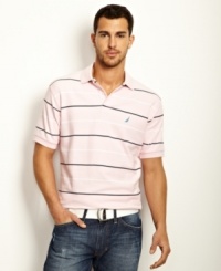 A bold choice for spring and summer, this striped deck shirt from Nautica brightens up your warm weather rotation. A bold choice for spring and summer, this striped deck shirt from Nautica brightens up your warm weather rotation.