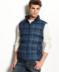 Stay warm with cool style in this plaid puffer vest from Weatherproof. Stay warm with cool style in this plaid puffer vest from Weatherproof.