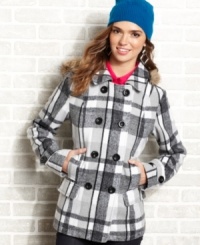 Our favorite outdoor layer gets graphic appeal! Plaid-print adds a signature touch to this wool-blend, hooded peacoat from YMI. Our favorite outdoor layer gets graphic appeal! Plaid-print adds a signature touch to this wool-blend, hooded peacoat from YMI.