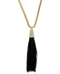 A brush with greatness. Vince Camuto's necklace, crafted from gold-tone mixed metal, features a black tassel pendant made with chains and glass crystal accents. Approximate length: 30 inches. Approximate drop: 5 inches. A brush with greatness. Vince Camuto's necklace, crafted from gold-tone mixed metal, features a black tassel pendant made with chains and glass crystal accents. Approximate length: 30 inches. Approximate drop: 5 inches.