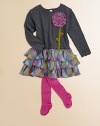 A life-like flower blooms on the front of this knit frock with a rainbow-hued, check patterned, ruffled skirt.CrewneckLong sleeves with purl edge cuffsPullover styleDrop-waistRuffled hemLined skirtCottonHand washImported