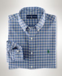 A masculine plaid pattern lends preppy style to a classic-fitting sport shirt, rendered in oxford-woven cotton for stylish comfort. A masculine plaid pattern lends preppy style to a classic-fitting sport shirt, rendered in oxford-woven cotton for stylish comfort.