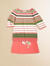 A colorful style with a multi-stripe design. ScoopneckThree-quarter length sleevesRibbed hemPull-on style72% viscose/28% elastaneDry cleanImported A colorful style with a multi-stripe design. ScoopneckThree-quarter length sleevesRibbed hemPull-on style72% viscose/28% elastaneDry cleanImported