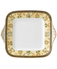 The exotic India dinnerware pattern presents a pattern of exquisitely detailed florals on a yellow and deep blue band against pure white bone china. The exotic India dinnerware pattern presents a pattern of exquisitely detailed florals on a yellow and deep blue band against pure white bone china.