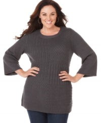 Plus size fashion with textural interest. A patchwork design lends unique appeal to this three-quarter sleeve sweater featuring a tunic length, from Karen Scott's collection of plus size clothes. (Clearance) Plus size fashion with textural interest. A patchwork design lends unique appeal to this three-quarter sleeve sweater featuring a tunic length, from Karen Scott's collection of plus size clothes. (Clearance)