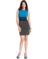 NY Collection gives this sheath extra fashionable flair with a contrasting bodice and skirt and a sheer lace waistband.