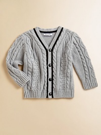 Crafted in ultra-soft cotton, a classic button-down cable knit is given a handsome update in a striped varsity design.V-neckLong sleevesButton-frontRibbed cuffs and hemCottonMachine washImported Please note: Number of buttons may vary depending on size ordered. Crafted in ultra-soft cotton, a classic button-down cable knit is given a handsome update in a striped varsity design.V-neckLong sleevesButton-frontRibbed cuffs and hemCottonMachine washImported Please note: Number of buttons may vary depending on size ordered.
