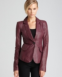 Bring luxe texture to your look with this Rachel Zoe leather jacket in a rich, versatile hue and fitted silhouette. A fall essential. Bring luxe texture to your look with this Rachel Zoe leather jacket in a rich, versatile hue and fitted silhouette. A fall essential.