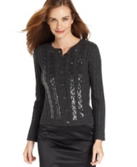 Add shine to casual ensembles with Ellen Tracy's cardigan, complete with sparkling sequins at the front. Add shine to casual ensembles with Ellen Tracy's cardigan, complete with sparkling sequins at the front.