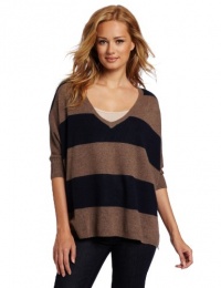 Minnie Rose Women's 100% Cashmere Stripe Pow Wow Top, Brown Sugar/Midnight Rider, Petite/Small Minnie Rose Women's 100% Cashmere Stripe Pow Wow Top, Brown Sugar/Midnight Rider, Petite/Small