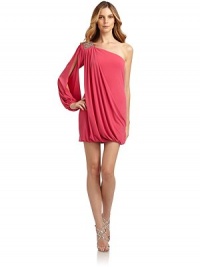 THE LOOKOne shoulder embellished with rhinestones and beadsAsymmetrical necklineSingle slit long sleeveAsymmetric draped front panelSide zipper with hook-and-eye closureGathered front hemTHE FITAbout 32 from shoulder to hemTHE MATERIAL95% polyester/5% spandexCARE & ORIGINDry cleanImportedModel shown is 5'11 (179cm) wearing US size 4. THE LOOKOne shoulder embellished with rhinestones and beadsAsymmetrical necklineSingle slit long sleeveAsymmetric draped front panelSide zipper with hook-and-eye closureGathered front hemTHE FITAbout 32 from shoulder to hemTHE MATERIAL95% polyester/5% spandexCARE & ORIGINDry cleanImportedModel shown is 5'11 (179cm) wearing US size 4.