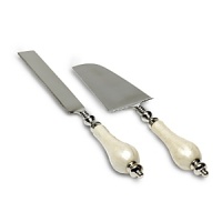 Hand made handles in sand-cast aluminum with our trademark blend of enamel infused with crushed mother of pearl. Cake knife and server made in stainless steel for easy care. Perfect set to accompany our cake stands.