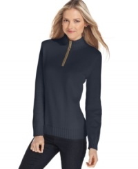 Greet chilly days with Karen Scott's pullover, featuring a cozy ribbed mock turtleneck. Greet chilly days with Karen Scott's pullover, featuring a cozy ribbed mock turtleneck.
