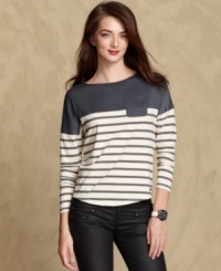 Set your sights on stripes in Tommy Hilfiger's classic top, featuring mixed materials for a charming touch. Set your sights on stripes in Tommy Hilfiger's classic top, featuring mixed materials for a charming touch.