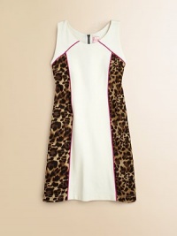 Crafted in a ponte shift silhouette, this eye-catching frock gets a little wild with leopard print colorblocking and contrast piping.ScoopneckSleevelessExposed back zipperFully lined72% rayon/19% nylon/9% spandexDry cleanMade in the USA Crafted in a ponte shift silhouette, this eye-catching frock gets a little wild with leopard print colorblocking and contrast piping.ScoopneckSleevelessExposed back zipperFully lined72% rayon/19% nylon/9% spandexDry cleanMade in the USA