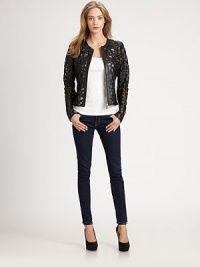 Hand-cut strips of supple leather are sewn onto an edgy mesh silhouette for a modern take on the classic leather jacket. RoundneckFront zipperLong sleevesFully linedAbout 20 from shoulder to hemBody: LeatherTrim: NylonDry clean with leather specialistImportedModel shown is 5'9 (176cm) wearing US size Small. Hand-cut strips of supple leather are sewn onto an edgy mesh silhouette for a modern take on the classic leather jacket. RoundneckFront zipperLong sleevesFully linedAbout 20 from shoulder to hemBody: LeatherTrim: NylonDry clean with leather specialistImportedModel shown is 5'9 (176cm) wearing US size Small.