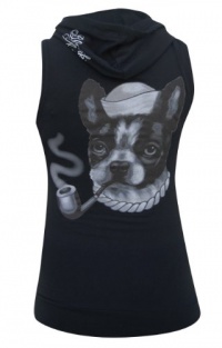 Women's Smokey by Thea Fear Boston Terrier Tattoo Artwork Sleeveless Hoodie Pullover Black Vest Women's Smokey by Thea Fear Boston Terrier Tattoo Artwork Sleeveless Hoodie Pullover Black Vest