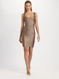 Shimmering metallic bands shape this seductive, body-conscious design.ScoopneckSleevelessScooped backConcealed back zipAbout 21½ from natural waist90% rayon/9% nylon/1% spandexSpot cleanImportedModel shown is 5'10½ (179cm) wearing US size Small. Shimmering metallic bands shape this seductive, body-conscious design.ScoopneckSleevelessScooped backConcealed back zipAbout 21½ from natural waist90% rayon/9% nylon/1% spandexSpot cleanImportedModel shown is 5'10½ (179cm) wearing US size Small.