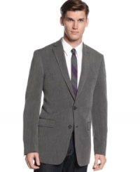 Find the lighter side of business with this sharp slim-fit grey Calvin Klein jacket. Find the lighter side of business with this sharp slim-fit grey Calvin Klein jacket.