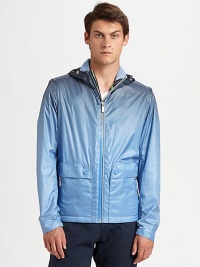 A lightweight jacket with a convenient hood and gradated design.Attached hoodZipper frontFront pocketsAbout 26 from shoulder to hem59% polyester/41% polyamide; cotton liningMachine washImported A lightweight jacket with a convenient hood and gradated design.Attached hoodZipper frontFront pocketsAbout 26 from shoulder to hem59% polyester/41% polyamide; cotton liningMachine washImported