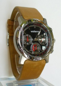 VOLERE Chronograph Watches men quartz with Seiko Mov't Black Dial with Brown Leather Band