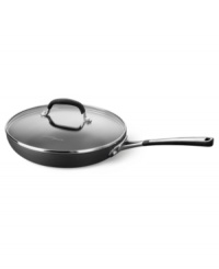 A cooking jack-of-all-trades, this covered skillet from Simply Calphalon browns and sautés beautifully, easily releasing food thanks to its double coating of exclusive nonstick formula. 10-year warranty. A cooking jack-of-all-trades, this covered skillet from Simply Calphalon browns and sautés beautifully, easily releasing food thanks to its double coating of exclusive nonstick formula. 10-year warranty.