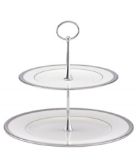 Inspired by the trim on an elegant gown, the graceful Lace Couture 2-tier server features an intricate platinum border that combines harmoniously with white bone china for unparalleled style. By Lenox. Inspired by the trim on an elegant gown, the graceful Lace Couture 2-tier server features an intricate platinum border that combines harmoniously with white bone china for unparalleled style. By Lenox.