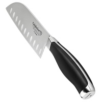 Combining features of a chef's knife and a cleaver, the Calphalon Santoku is an all purpose Asian-style knife that's ideal for cutting meat, fish and vegetables. The word santoku means three good things - a reference to the three cutting tasks it performs so well: slicing, dicing and mincing. The Santoku is designed with kullens, or indentations along its edges, which reduce friction and prevent food from sticking to the blade. The knife also serves as a spatula as you cut, removing cut foods quickly and easily from the cutting surface. Combining features of a chef's knife and a cleaver, the Calphalon Santoku is an all purpose Asian-style knife that's ideal for cutting meat, fish and vegetables. The word santoku means three good things - a reference to the three cutting tasks it performs so well: slicing, dicing and mincing. The Santoku is designed with kullens, or indentations along its edges, which reduce friction and prevent food from sticking to the blade. The knife also serves as a spatula as you cut, removing cut foods quickly and easily from the cutting surface.