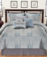 Up to speed. Set your style on the fast track with the Velocity comforter set, featuring a futuristic lines and diamonds pattern in sleek silver and blue tones. Comes complete with coordinating shams, bedskirt and decorative pillows for the ultimate modern look. Up to speed. Set your style on the fast track with the Velocity comforter set, featuring a futuristic lines and diamonds pattern in sleek silver and blue tones. Comes complete with coordinating shams, bedskirt and decorative pillows for the ultimate modern look.
