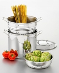 Boil the perfect pot of pasta--an all-around favorite that just got better! Cuisinart's Pasta/Steamer Set includes a 12-quart stock pot with tight fitting cover, convenient self-draining pasta insert and steamer basket for added versatility--use it to steam vegetables and shellfish. Set is constructed of gleaming 18/10 stainless steel designed for smart, healthy cooking. Features riveted Cool Grip Handles for a confident hold, tapered rims for easy pouring and a lid that locks in flavor, texture and nutrients. Aluminum core spreads heat for even cooking. Ideal for the stovetop, oven or broiler, the set is even freezer-safe for the ultimate in food storage convenience. Dishwasher safe. Lifetime limited warranty. Boil the perfect pot of pasta--an all-around favorite that just got better! Cuisinart's Pasta/Steamer Set includes a 12-quart stock pot with tight fitting cover, convenient self-draining pasta insert and steamer basket for added versatility--use it to steam vegetables and shellfish. Set is constructed of gleaming 18/10 stainless steel designed for smart, healthy cooking. Features riveted Cool Grip Handles for a confident hold, tapered rims for easy pouring and a lid that locks in flavor, texture and nutrients. Aluminum core spreads heat for even cooking. Ideal for the stovetop, oven or broiler, the set is even freezer-safe for the ultimate in food storage convenience. Dishwasher safe. Lifetime limited warranty.