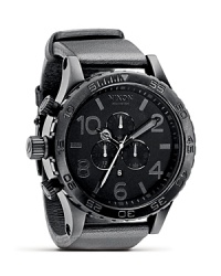 A modern mix of performance and style, this Nixon three-eye chronograph watch is encased in brilliant stainless steel and accented by a rotating bezel. A sleek leather bad is a handsome finish.